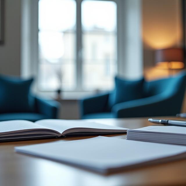Quiet London legal consultation room with a solicitor's desk, notebooks and chairs set ready for a client meeting