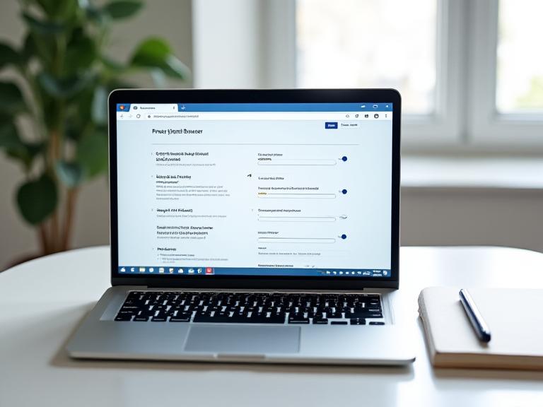 A laptop displaying a browser privacy settings page on a clean desk beside a notebook
