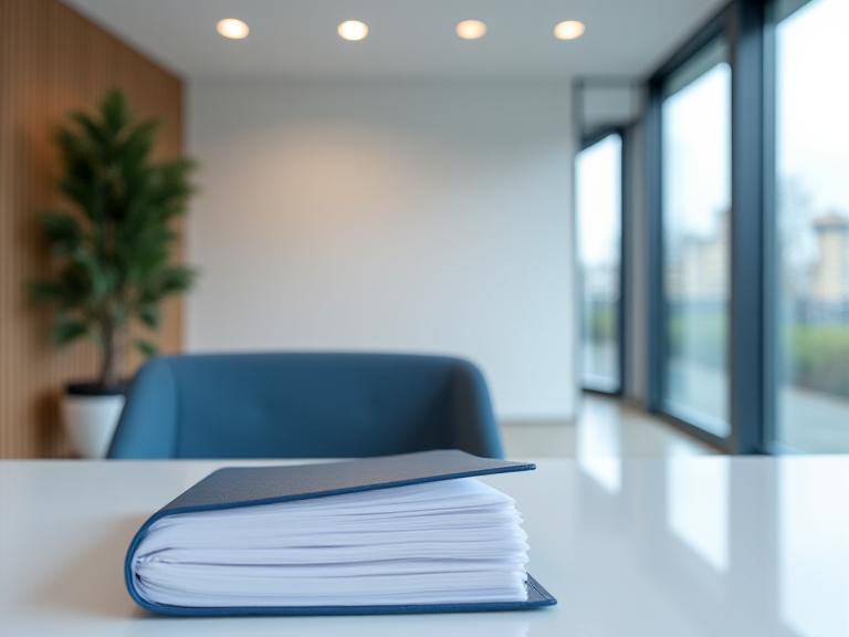 A quiet London office reception with a desk, chair and a folder prepared for a private enquiry
