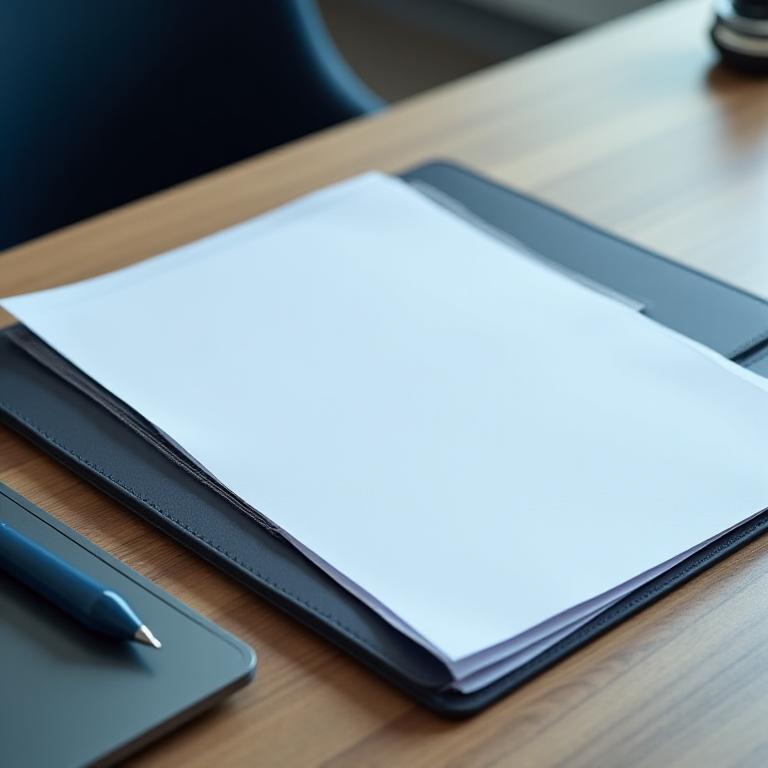 A closed document folder and neatly arranged papers on a desk in a quiet London office