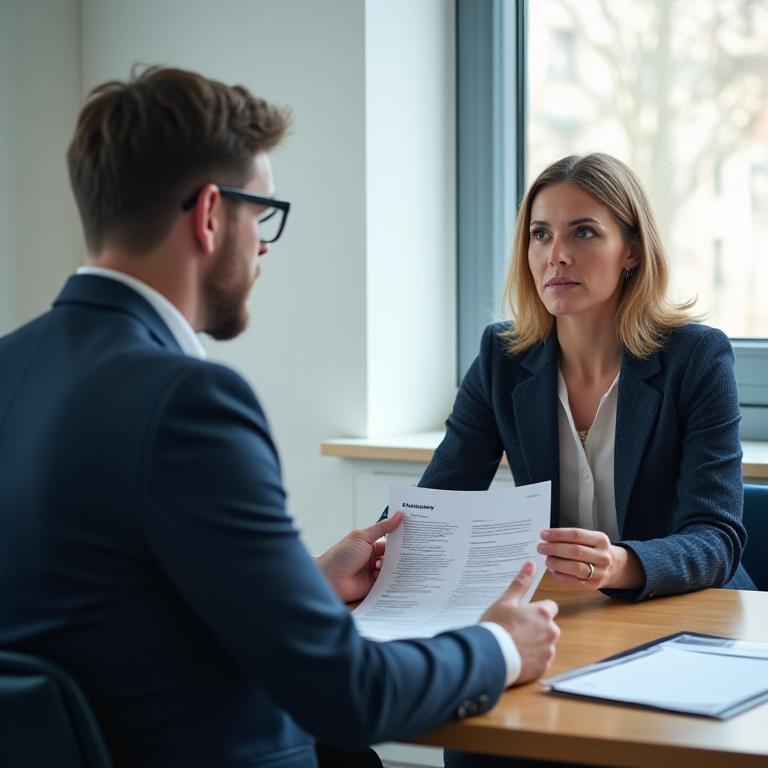 Employee discussing a redundancy letter with a solicitor at a quiet London office table