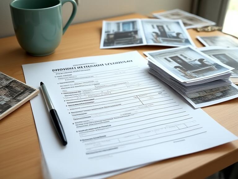A tenancy agreement, deposit record and dated photographs laid out on a kitchen table for review